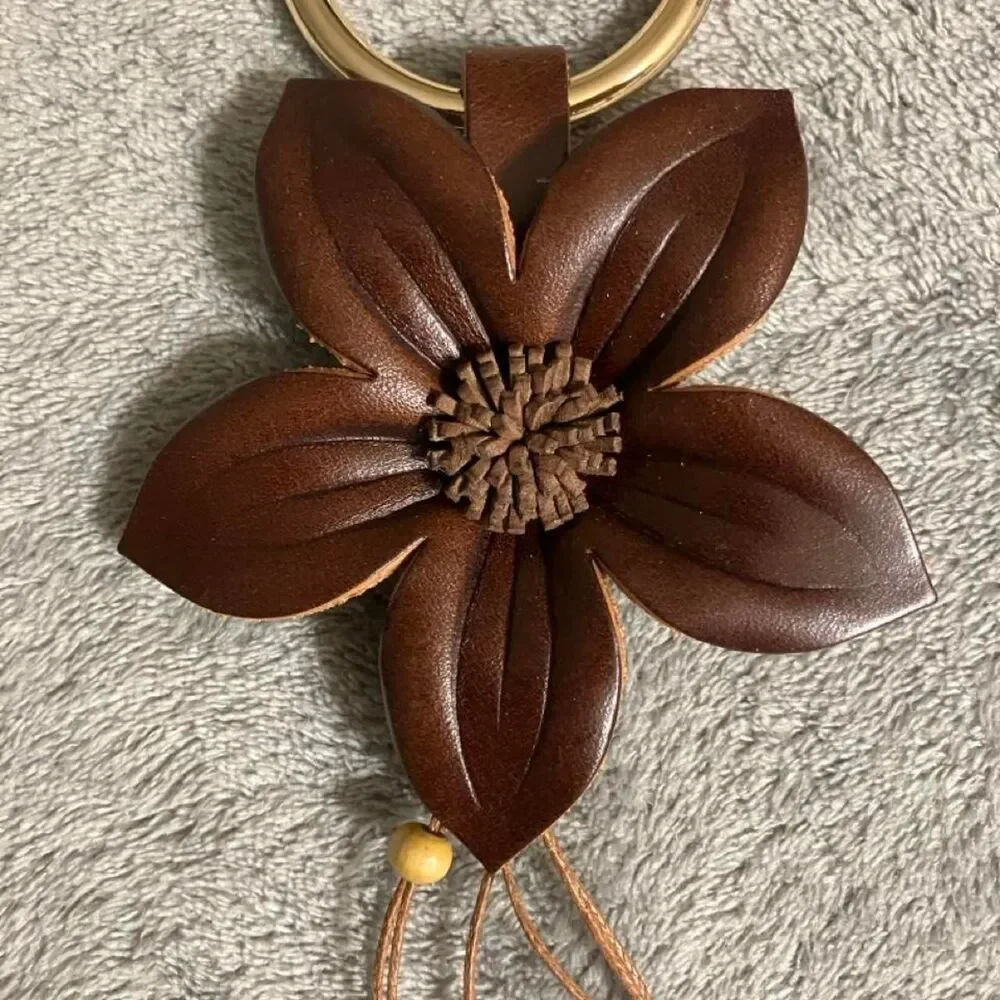 NWT Brown Flower Tassel Keychain Bag Charm with Flowers and Leaves